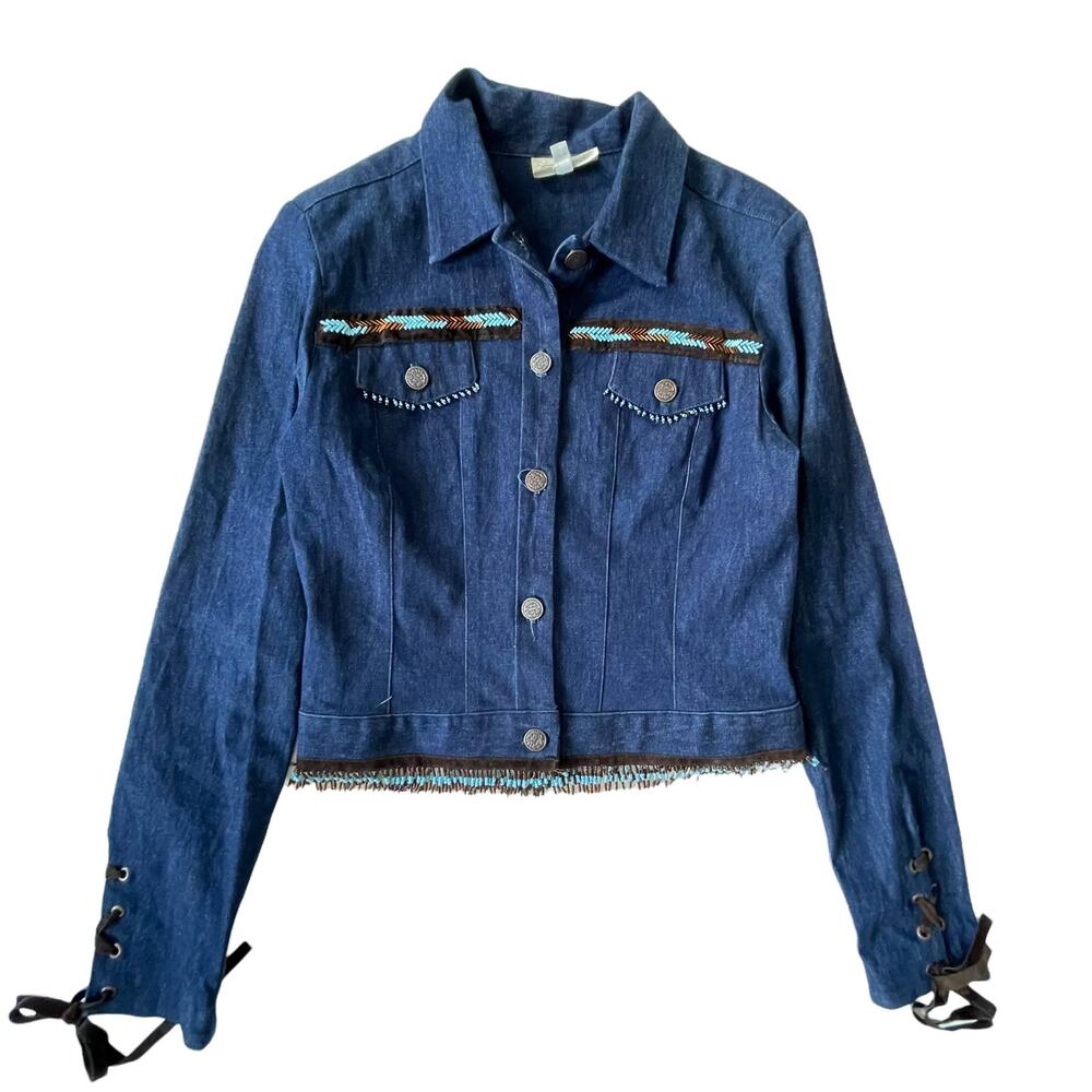 Vintage 1990s Cache Jean Jacket Beaded Fringe Lace Up Southwest 4 EUC - Picture 13 of 13